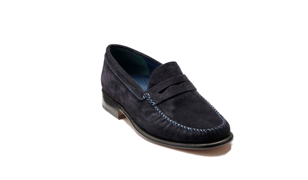 navy blue men's dress shoes Loafers | Andrew by Amali elevate your office look Attorney Derby Midnight Blue Suede